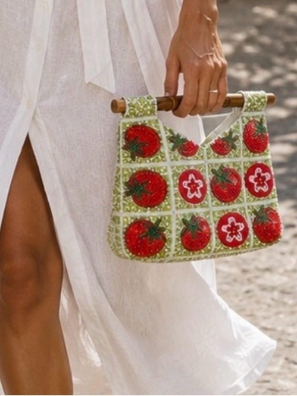 NWT Handcrafted Tomato Beaded Bag Bamboo Handle Summer Statement Tote